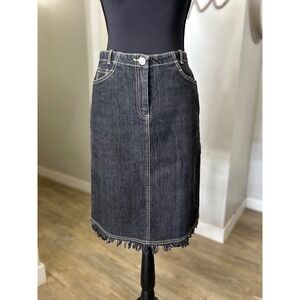 CAbi Dark Wash Denim Skirt Frayed Hem Midi Size 4